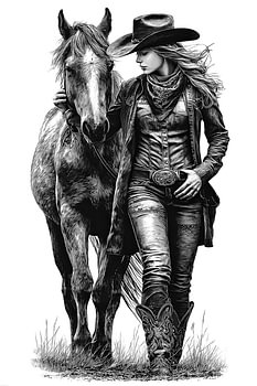 Cowgirl and Horse  Detailed Vintage Line Art