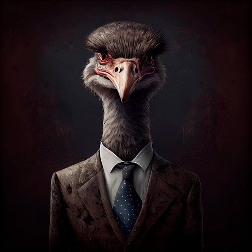 Stately portrait of an Ostrich in a fancy suit