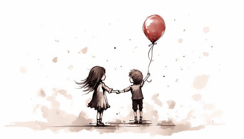 Jongen en meisje met ballon schets panorama