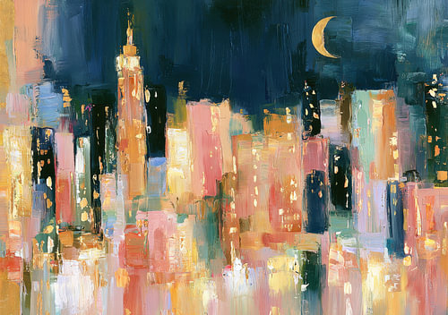 Abstract skyline at night with the moon in gold and pink