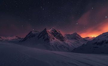 Zonsopgang boven een besneeuwde berg van fernlichtsicht
