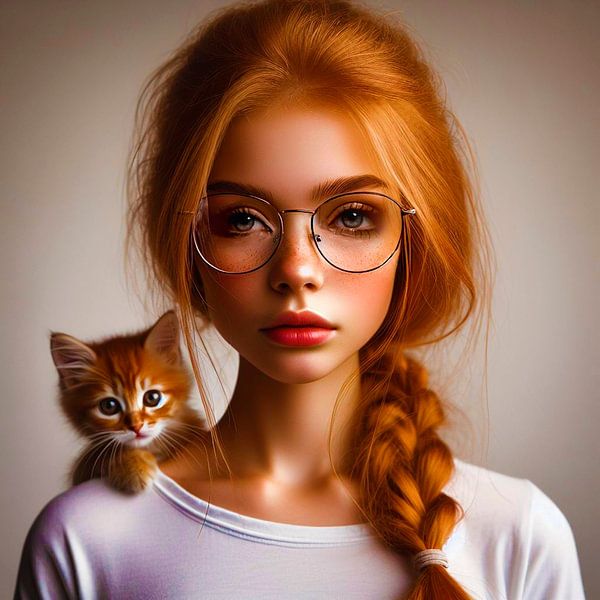 Girl with her little red kitten. by Ineke de Rijk