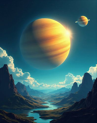 Buitenaards landschap met gasreus en riviervallei