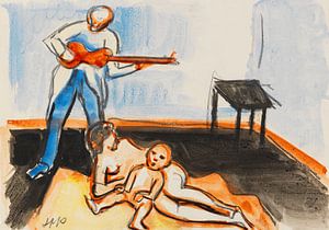 Max Pechstein, Porträt von Geschwistern mit Lautenspieler, 1913
