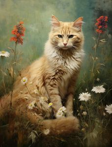 Chat rouge parmi les fleurs sauvages
