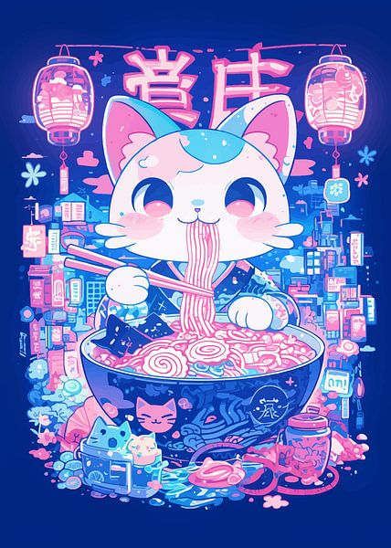 Cat Eating Ramen Neon by MIROKKU
