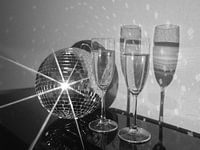 Fonkelende Disco Bal Champagneglazen Retro Zwart Wit Feestje Fotografie Muurdecoratie