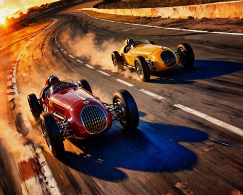 Alfa Romeo-racen bij zonsondergang: Vintage Snelheidskunst