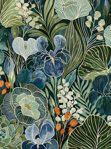 Fleurs botaniques en bleu et vert