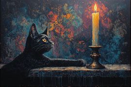 Zwarte kat en kaarslicht – Stemmige gotische olieverfstijl digitale kunst van Kimita Jennaira