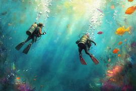 Divers under the sea - Dreamy Watercolour Painting by Peter Pen Drawings and Paintings