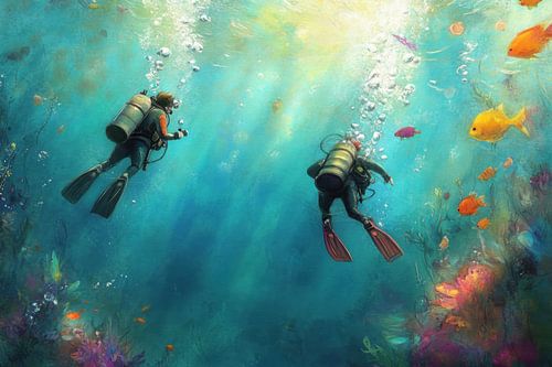 Divers under the sea - Dreamy Watercolour Painting