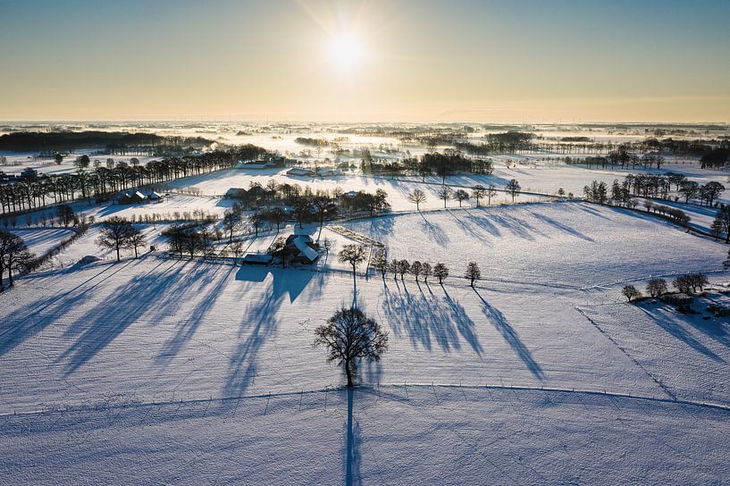 An aerial view of an early morning above a snow-covered landscape in the Achterhoek by Jeroen Kleiberg