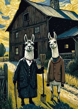 Duo Llama Standing Like Humans - Starry Night Theme