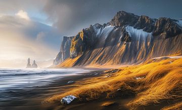 Zonsopgang aan de kust van IJsland van fernlichtsicht
