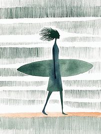 Vrouw met surfboard in wind en strepen van Color Square