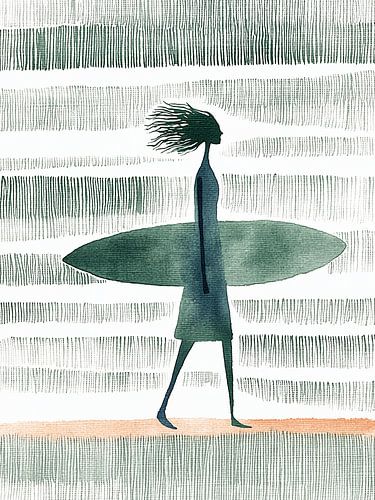 Vrouw met surfboard in wind en strepen