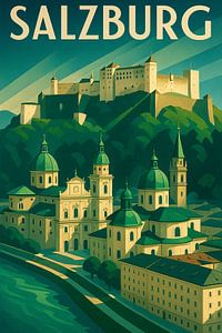 Salzburg Art Deco Travel Poster – Fortress and Domes