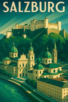 Salzburg Art Deco Reiseplakat - Festung und Dome