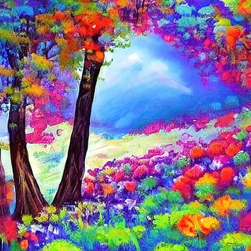 kleurige bomen in een kleurig weiland. van Gelissen Artworks