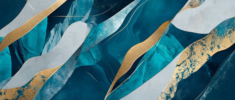 Farbenfrohe Wellen in Blau und Gold von Poster Art Shop