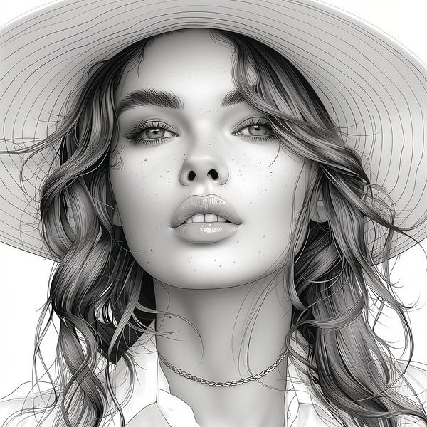 Summer Grace: Woman with Hat in Line Art by Artz by Mr.JAi