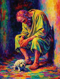 Loyal Companionship Old Man with Dog Vibrant Oil Portrait by Ramy Salah Hefny