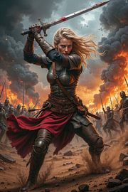 AETHRAVYRA – Die Schwertkämpferin in einer wilden Schlacht