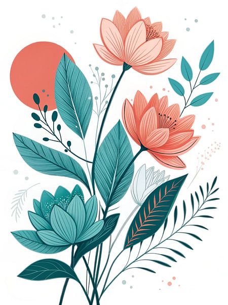 Elegant Floral Sunset Dream: Serene Lotus and Foliage Botanical Art Print for Modern Home Decor by Artistic