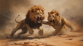 Zwei Löwen kämpfen in der Wüste, im Ölfarben-Design