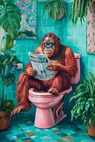 Monkey reads newspaper in the bathroom