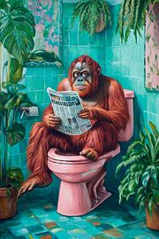 Affe liest Zeitung im Badezimmer von Poster Art Shop