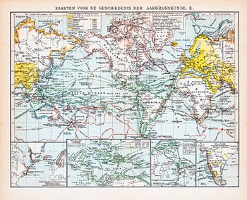 Carte du monde des explorations. Carte d'époque vers 1900