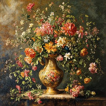 The Ephemeral Harvest: An Abundance of Summer Flora in an Ornate Gilded Urn