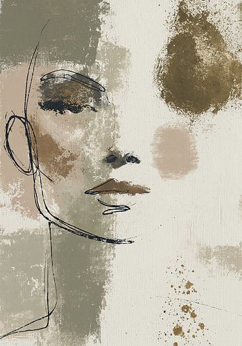 Portrait féminin élégant, abstrait, dans des tons ocres