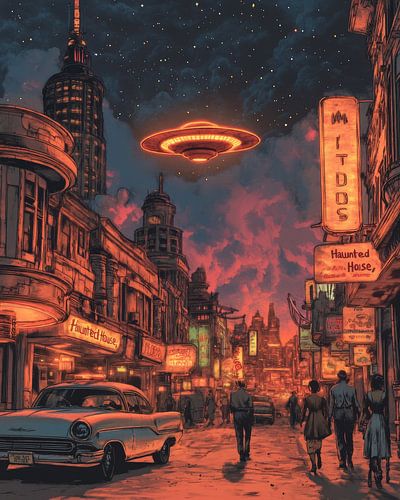 Paysage urbain rétro et futuriste