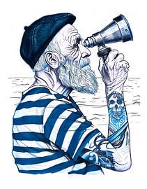 Seemann, der durch ein Fernglas auf den fernen Horizont blickt von ArtMomente