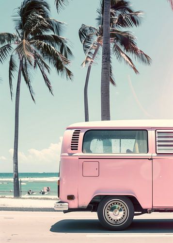 A pink bus at the beach