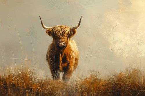 Scottish Highlander cow in the Morning Mist
