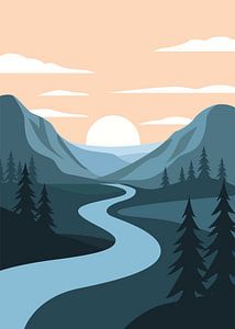 Minimalistische Vektorillustration einer Landschaft, die einen sich schlängelnden blauen Fluss zeigt, der bei Sonnenuntergang durch ein Tal inmitten eines Kiefernwaldes fließt.