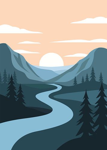 Illustration vectorielle minimaliste représentant une rivière sinueuse bleue qui traverse une vallée boisée de pins au coucher du soleil.