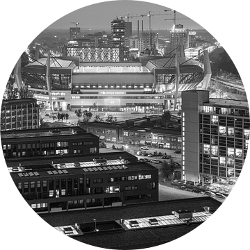 PSV Stadion vanuit de hoogte in zwart-wit van Mitchell van Eijk