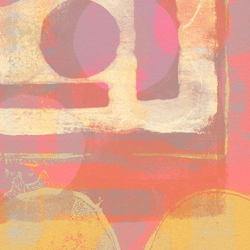 Abstracte vormen in neonroze, geel, lila, wit.