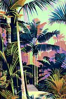 Kleurrijke jungle met palmen, pad en trap in mauve