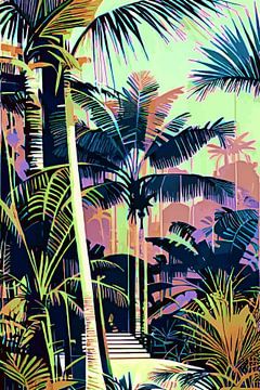 Kleurrijke jungle met palmen, pad en trap in mauve van Anna Marie de Klerk