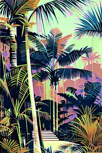 Jungle colorée avec palmiers, chemin et escaliers en mauve