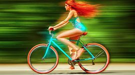 Red-haired woman on a turquoise-coloured bicycle by Frank Heinz