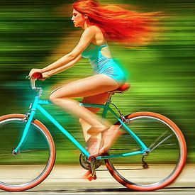 Roodharige vrouw op turquoise fiets van Frank Heinz