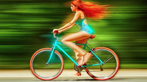 Roodharige vrouw op turquoise fiets