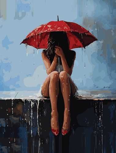 Emotioneel vrouwelijk portret met rode paraplu